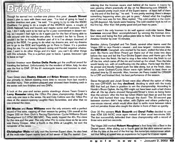 Page 2 Cycle News Article from the Vegas 200 on December 1, 2001. 